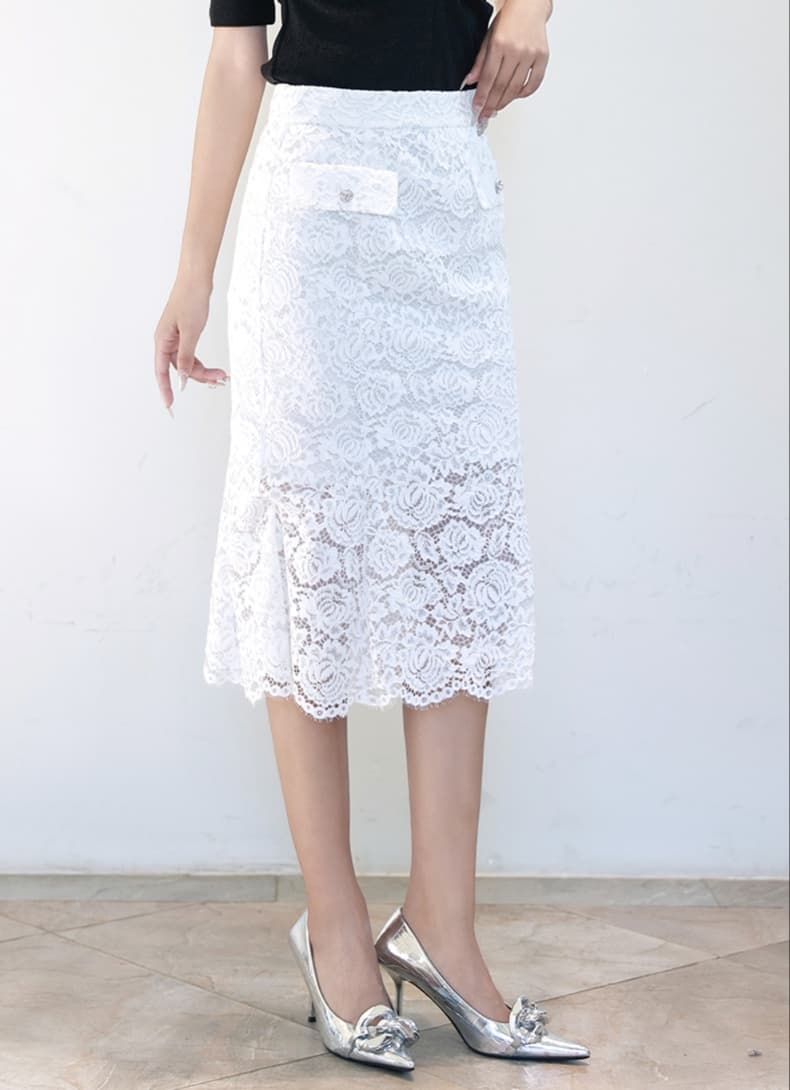 白スカート マーメイド繊細総レーススカート