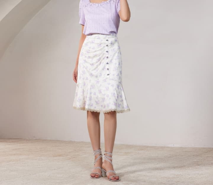 白スカート マーメイド 花柄レース裾スカート