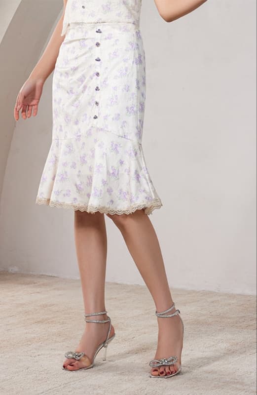 白スカート マーメイド 花柄レース裾スカート