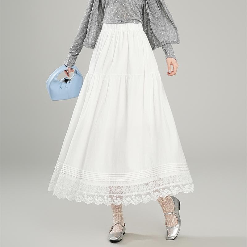 白スカート レース装飾フレアスカート