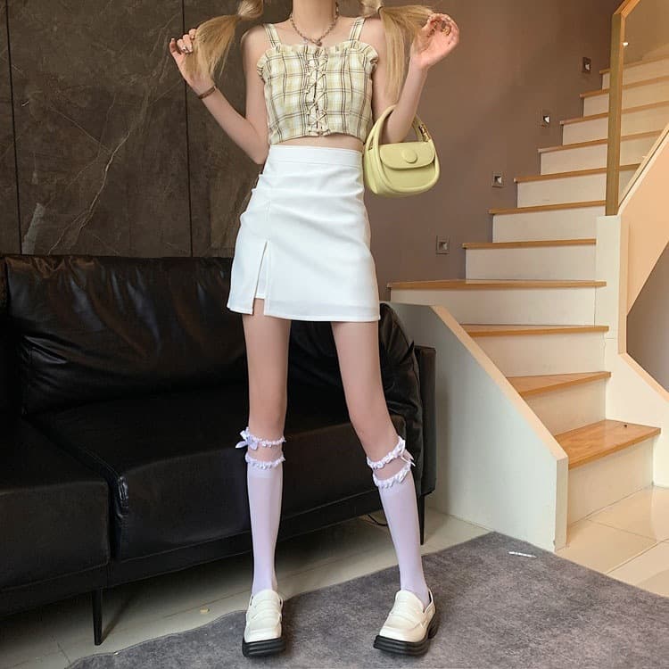 白スカート スリットデザイン台形ミニスカート