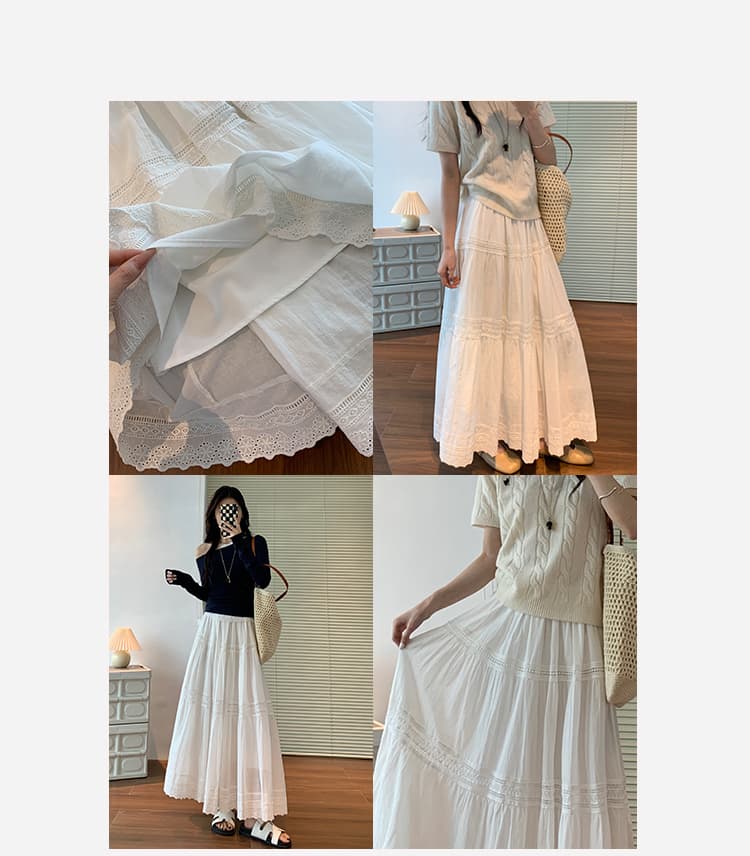 白スカート ティアードレース切替ロングスカート