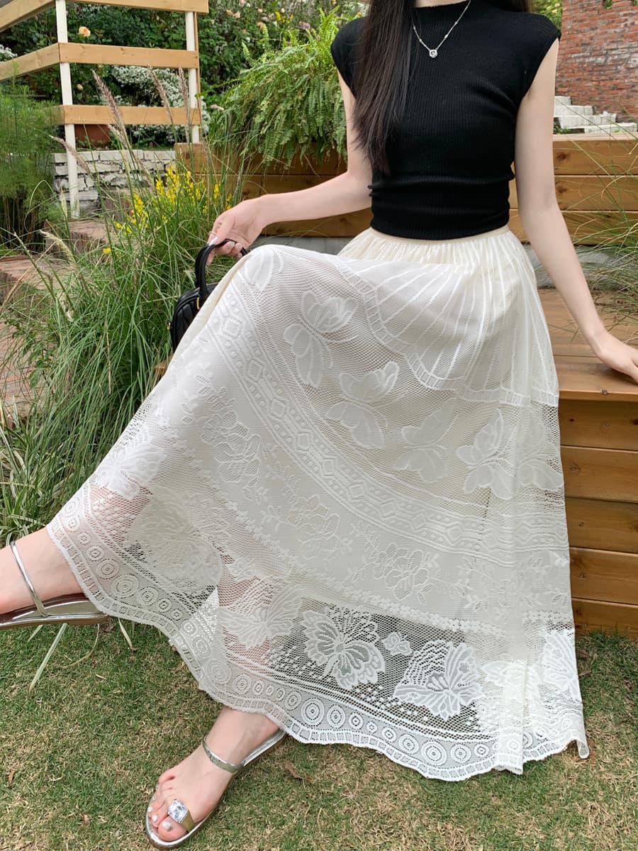 白スカート 蝶々刺繍レース重ねフレアロングスカート
