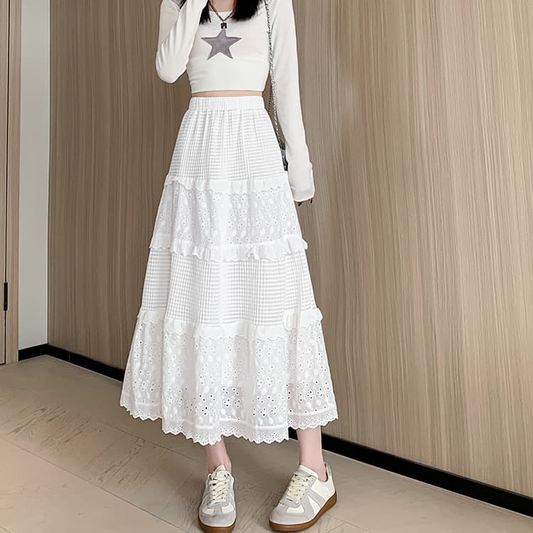 白スカート 優美な多段ティアードプリーツスカート