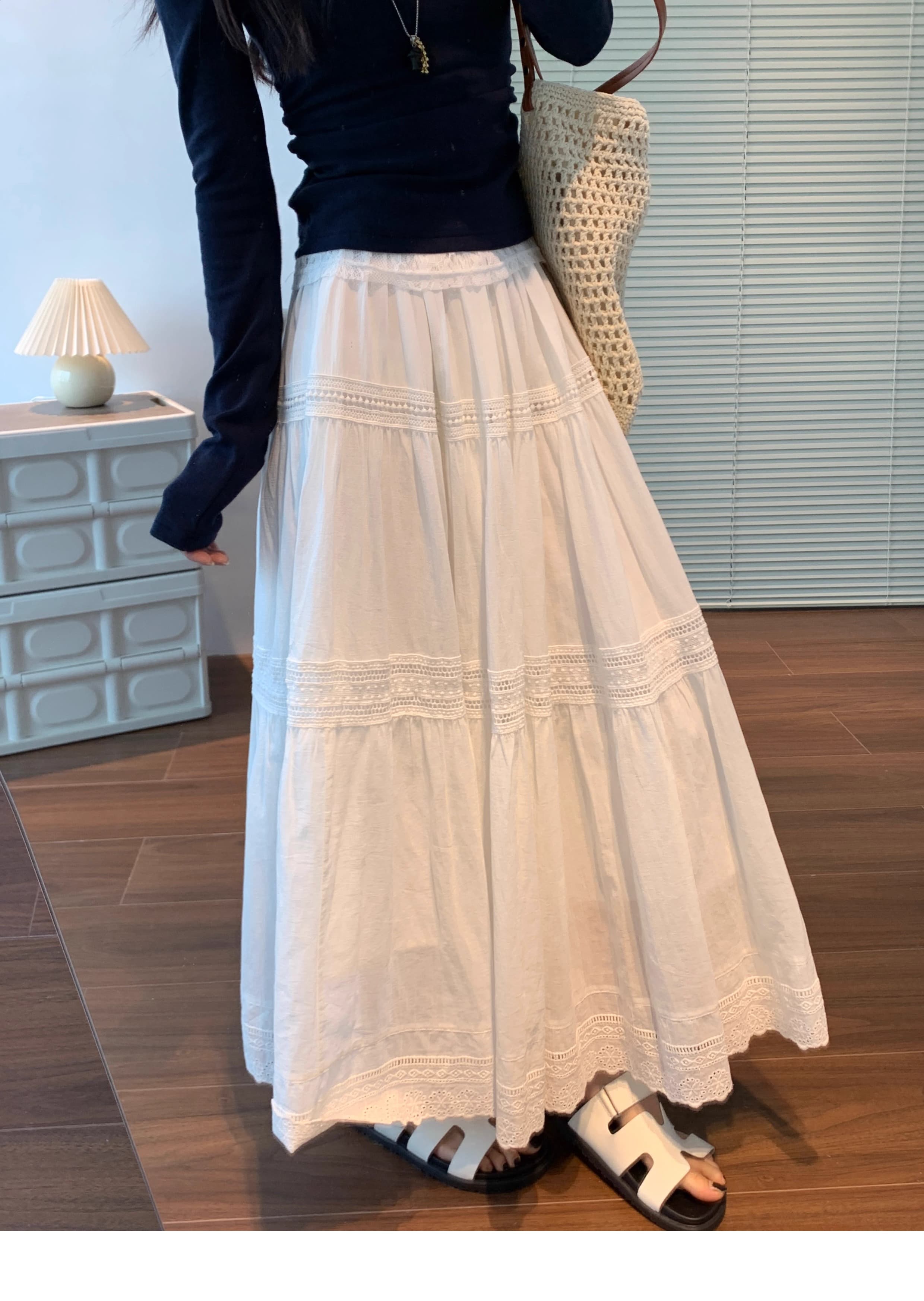 白スカート ティアードレース切替ロングスカート