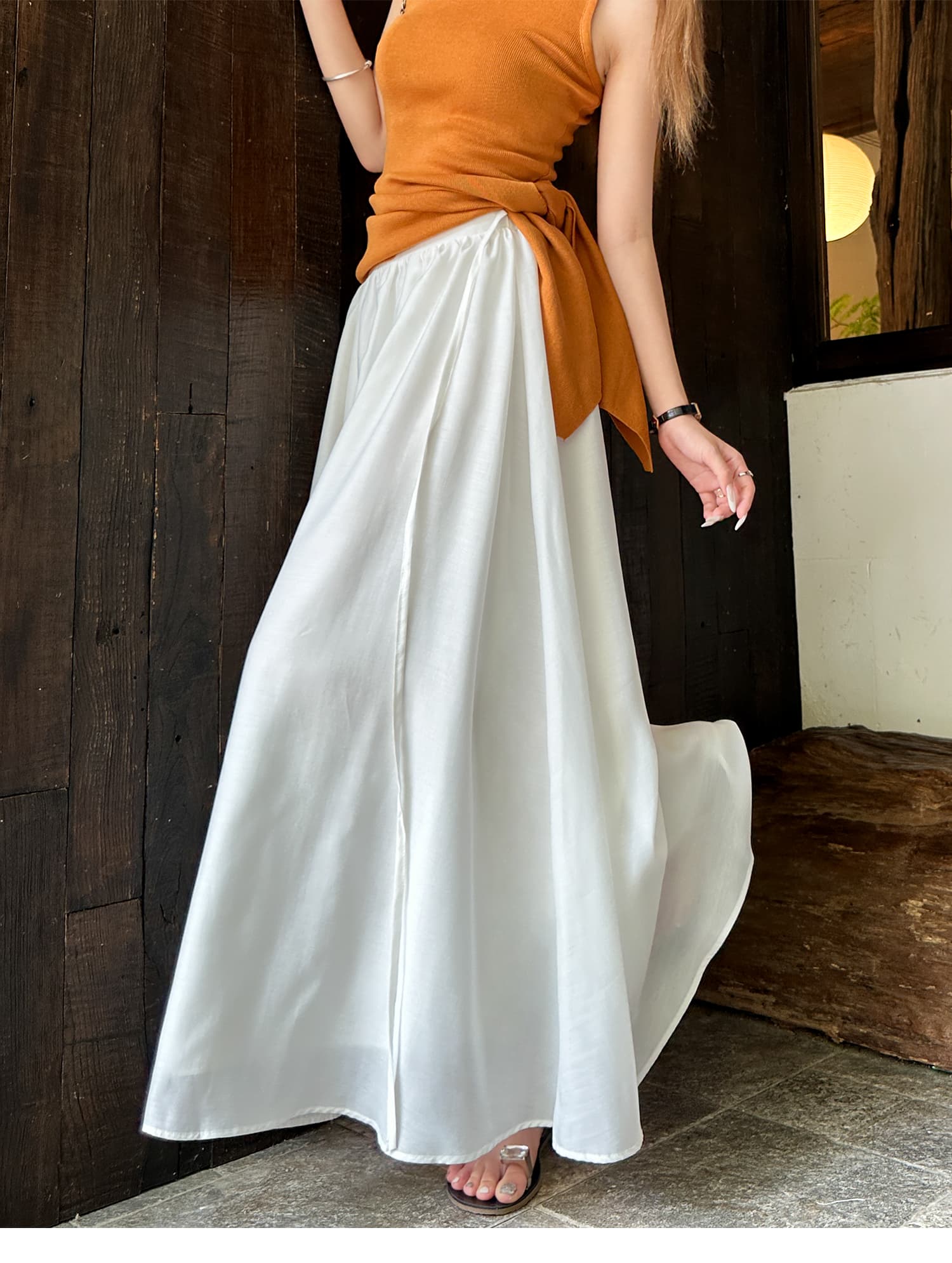 白スカート サテンロングフレアスカート