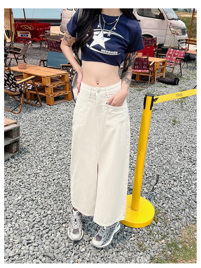 白スカート シンプルロングスリットデニムスカート