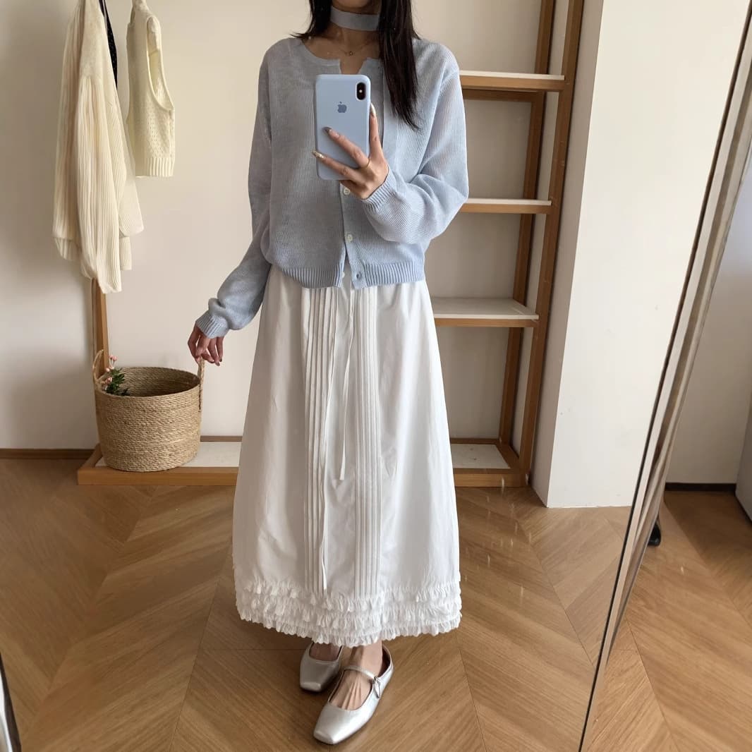 白スカート ふんわり裾フリルプリーツロングスカート