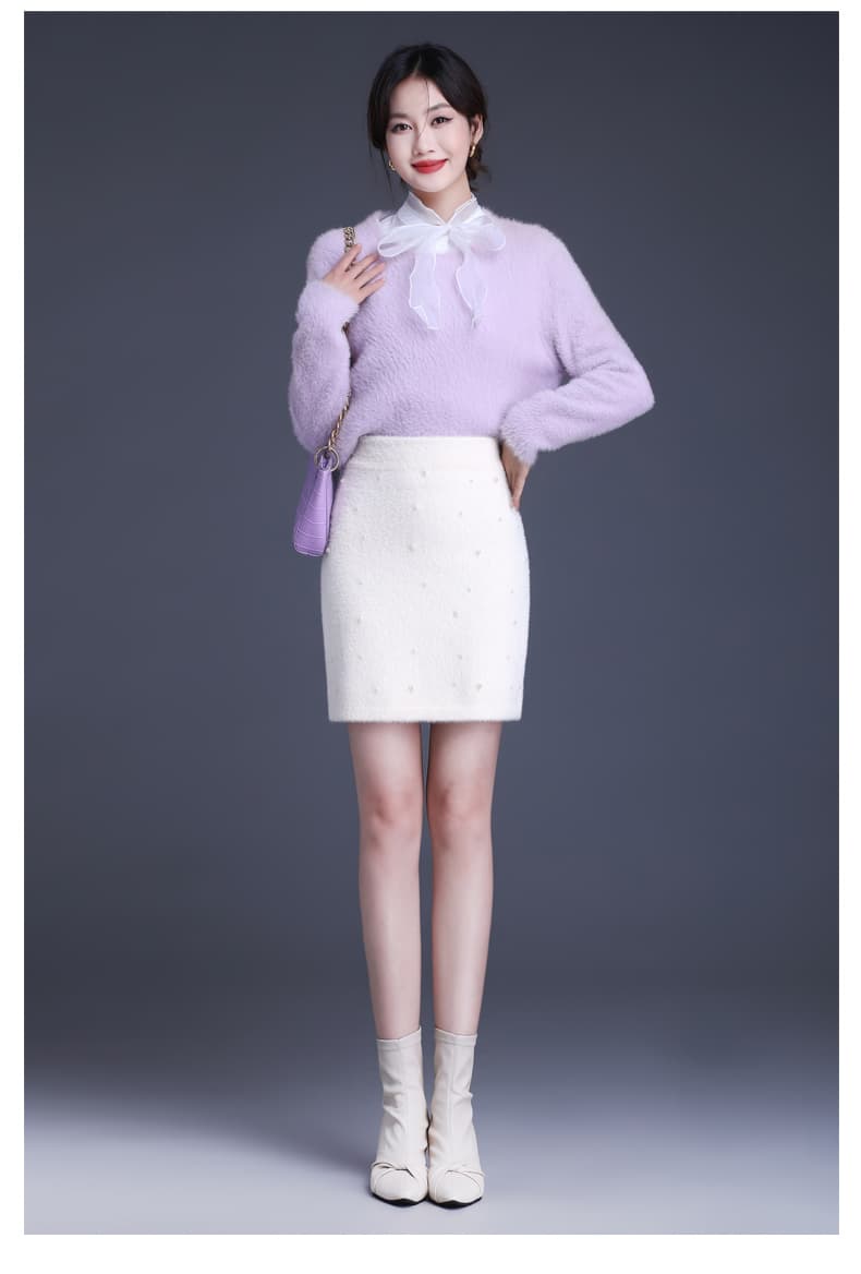 白スカート タイトパール付きふんわりニットスカート