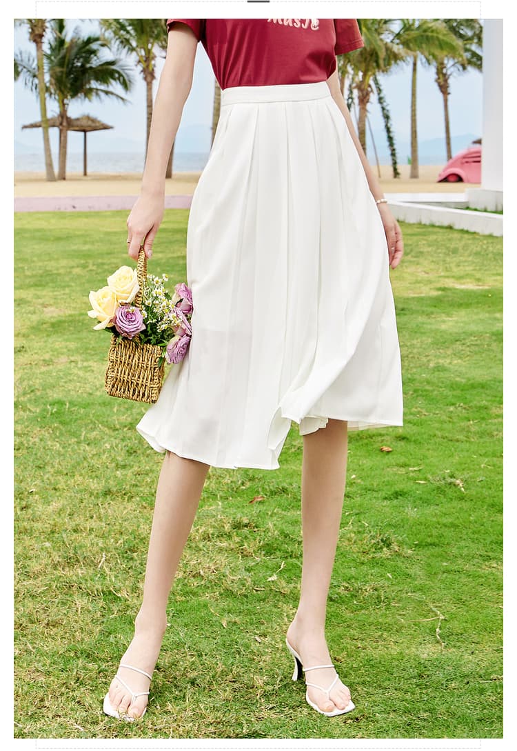 白スカート ふんわりプリーツミディスカート