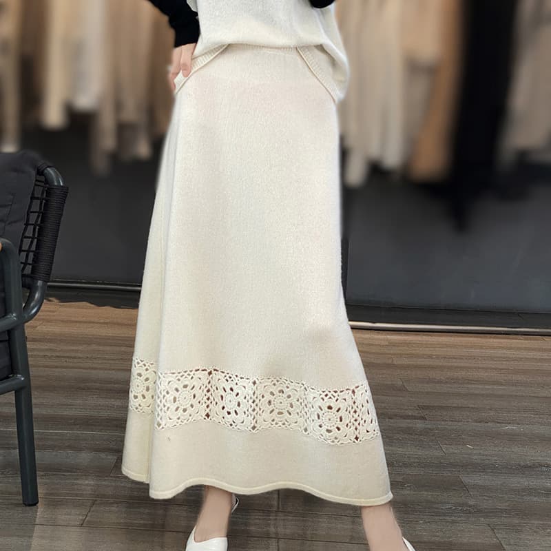 白スカート 透かし編みレース長マキシスカート
