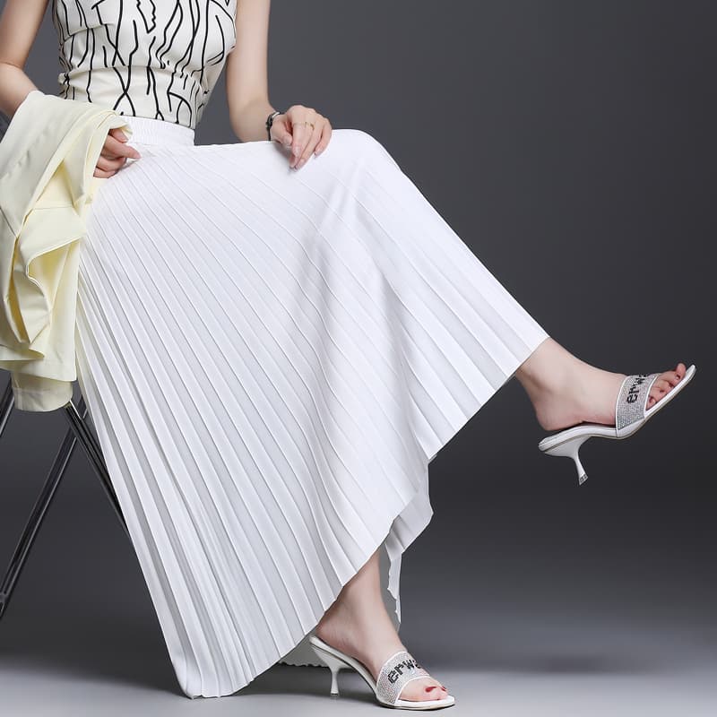 白スカート エレガントプリーツロングスカート