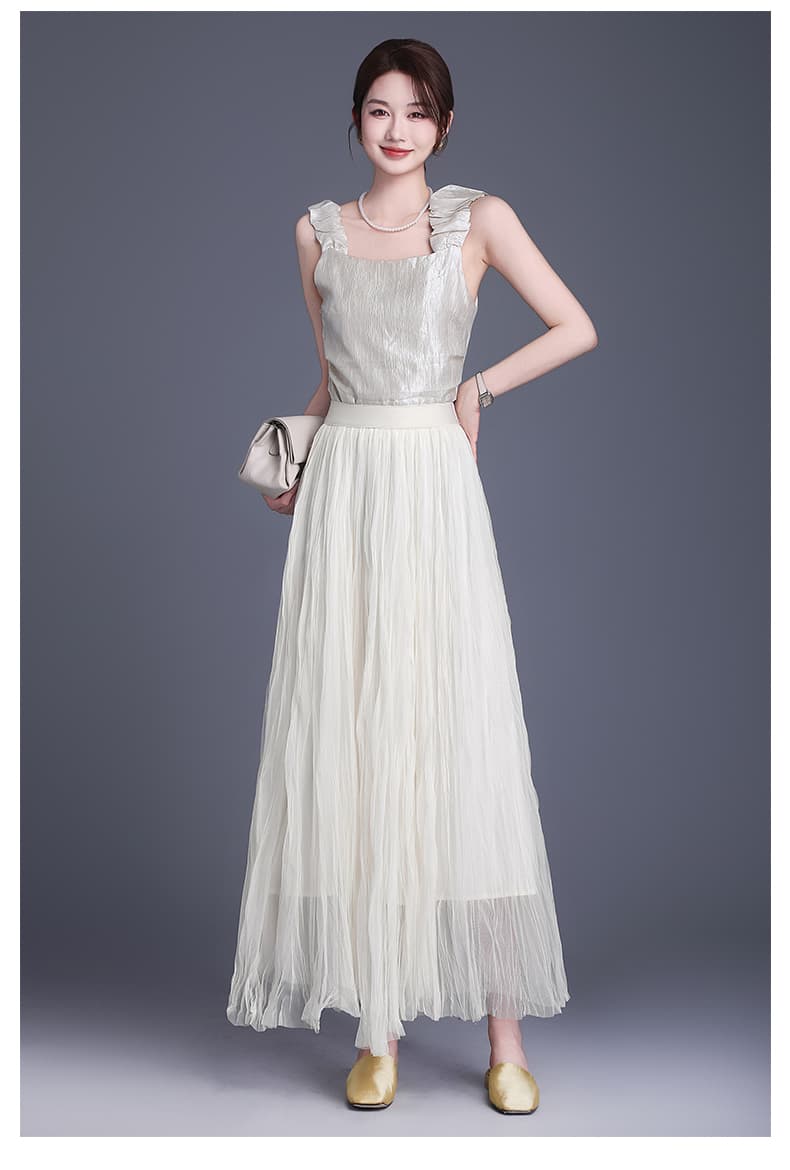 白スカート チュール重ね上品ロング丈プリーツスカート