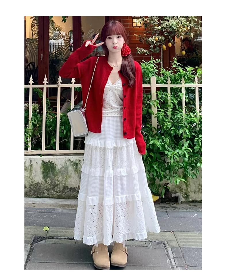 白スカート ふんわりティアードロングスカート