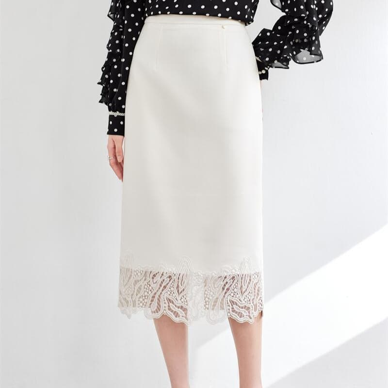 白スカート 裾レース付きペンシルスカート