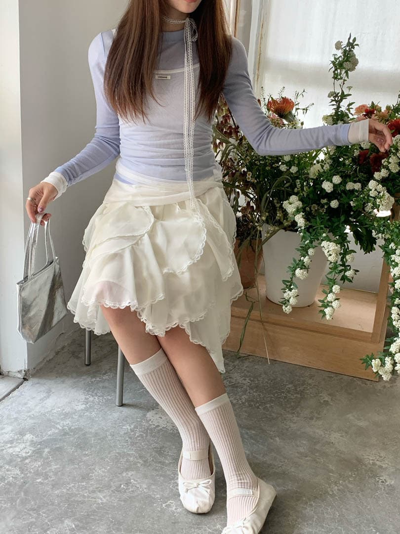 白スカート 白スカート レースリボン フリルティアードスカート