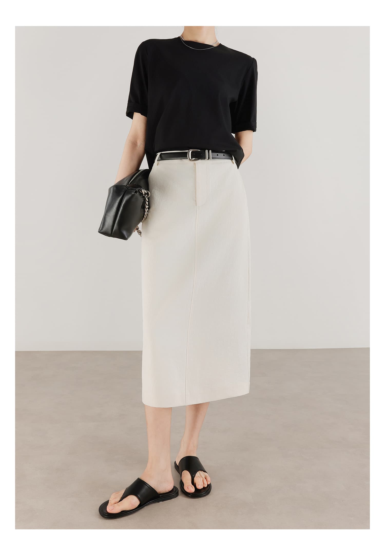 白スカート 前開きスリット入りロングタイトスカート