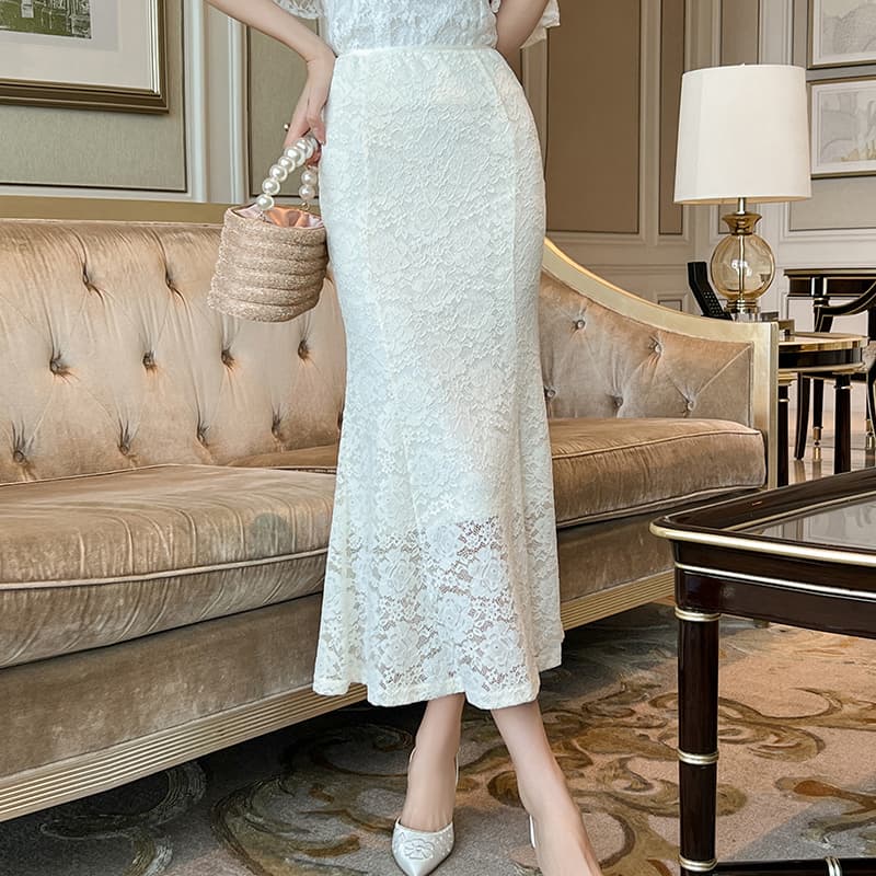 白スカート 上品レース マーメイドロングスカート