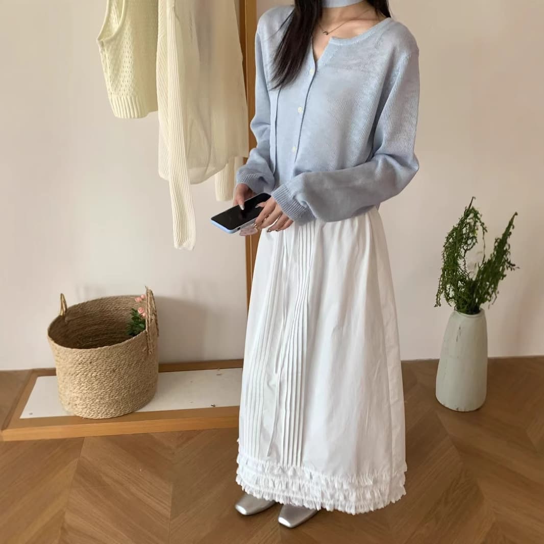 白スカート ふんわり裾フリルプリーツロングスカート