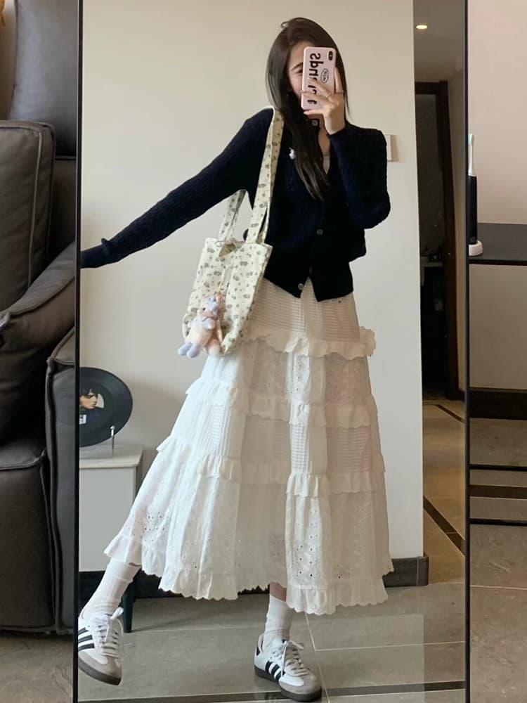 白スカート かぎ針編みティアードフリルスカート