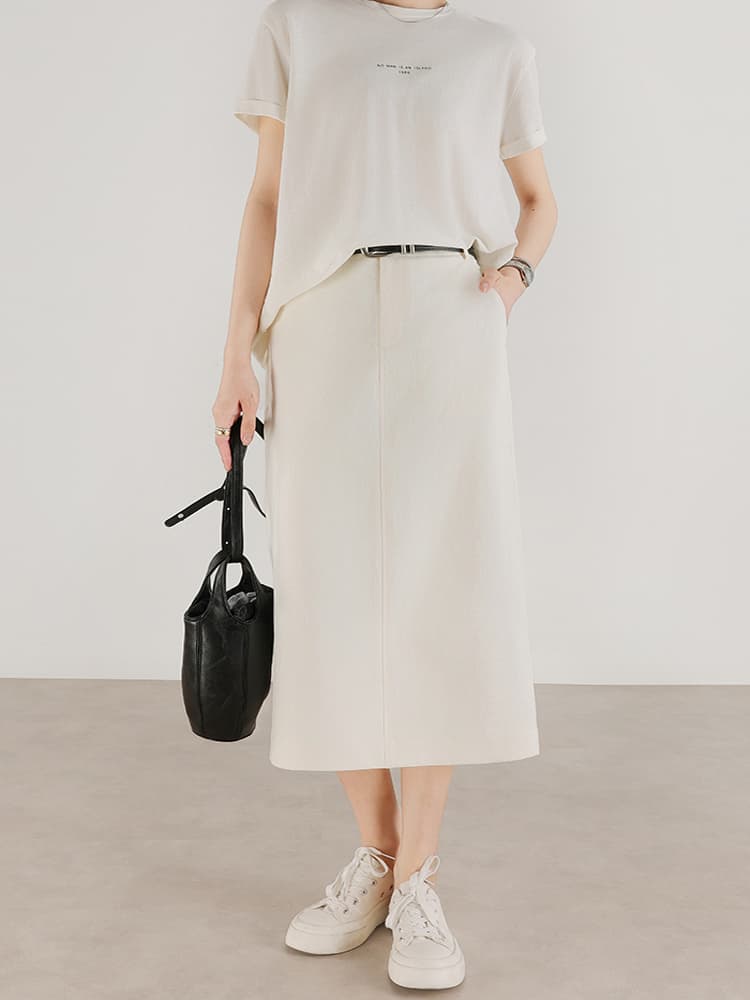 白スカート 前開きスリット入りロングタイトスカート