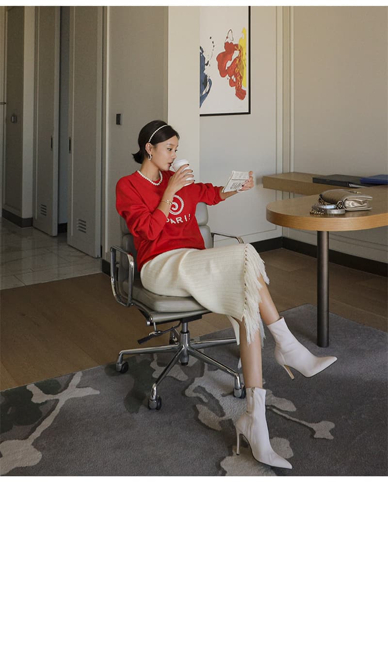 白スカート 秋冬新作 プリーツニット タッセル付き レディーススカート