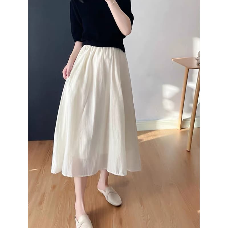 白スカート ふんわりギャザーロングプリーツスカート
