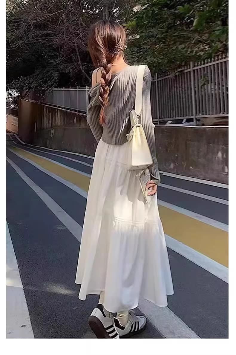 白スカート ティアードロング ギャザーフレアスカート