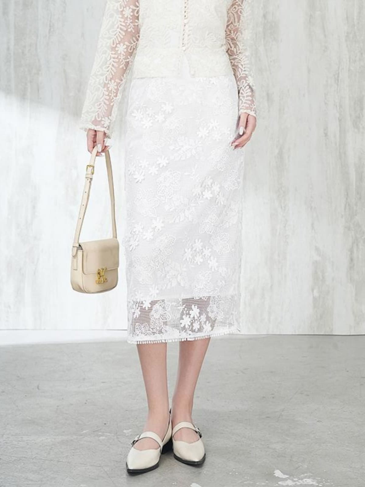 白スカート タイト総レース花柄スカート