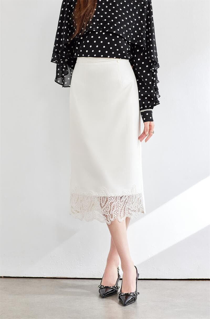 白スカート 裾レース付きペンシルスカート