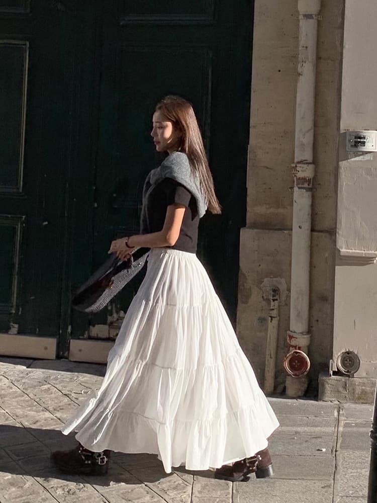 白スカート ティアードプリーツ ロングスカート