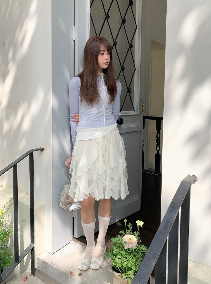 白スカート 白スカート レースリボン フリルティアードスカート
