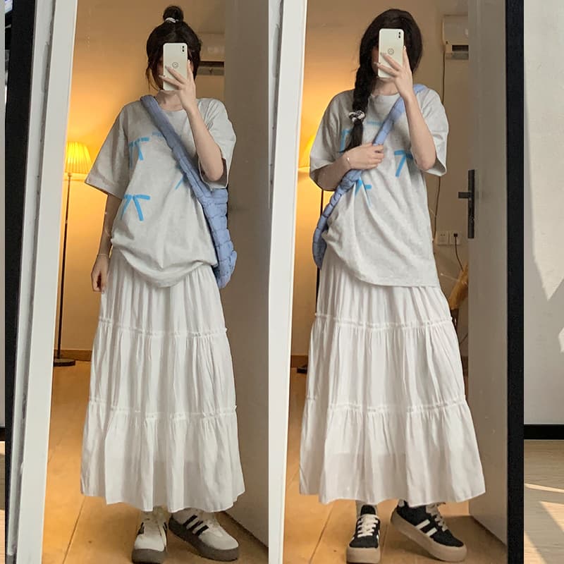 白スカート ティアードフレアマキシスカート