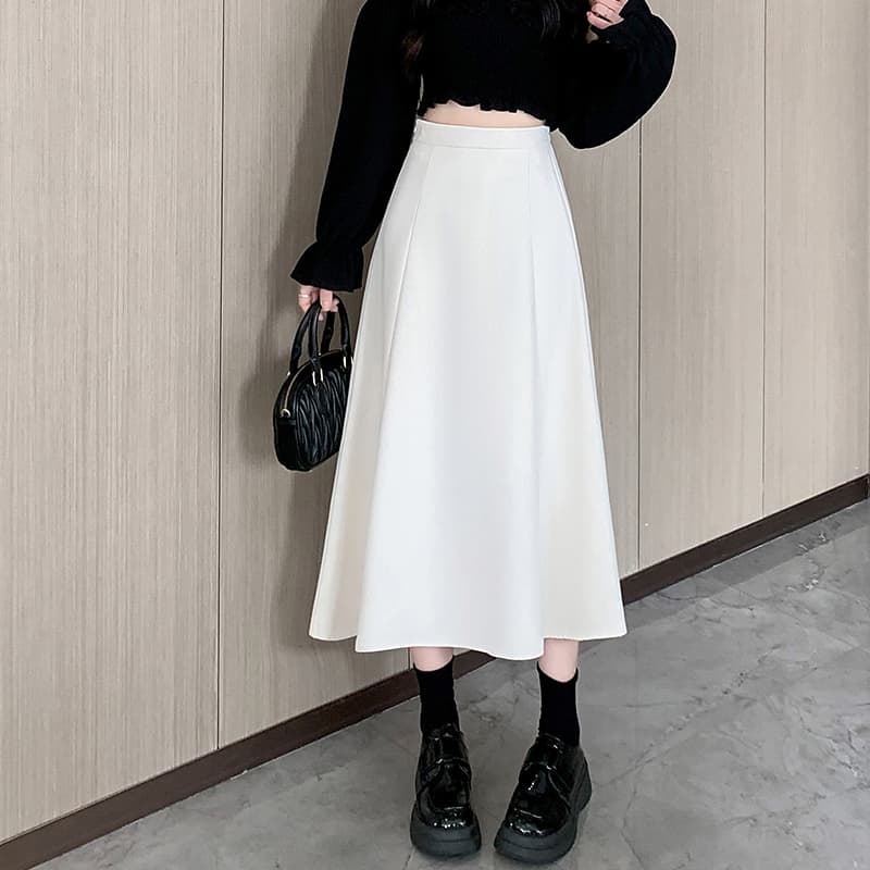 白スカート 大人可愛いハイウエストフレアスカート