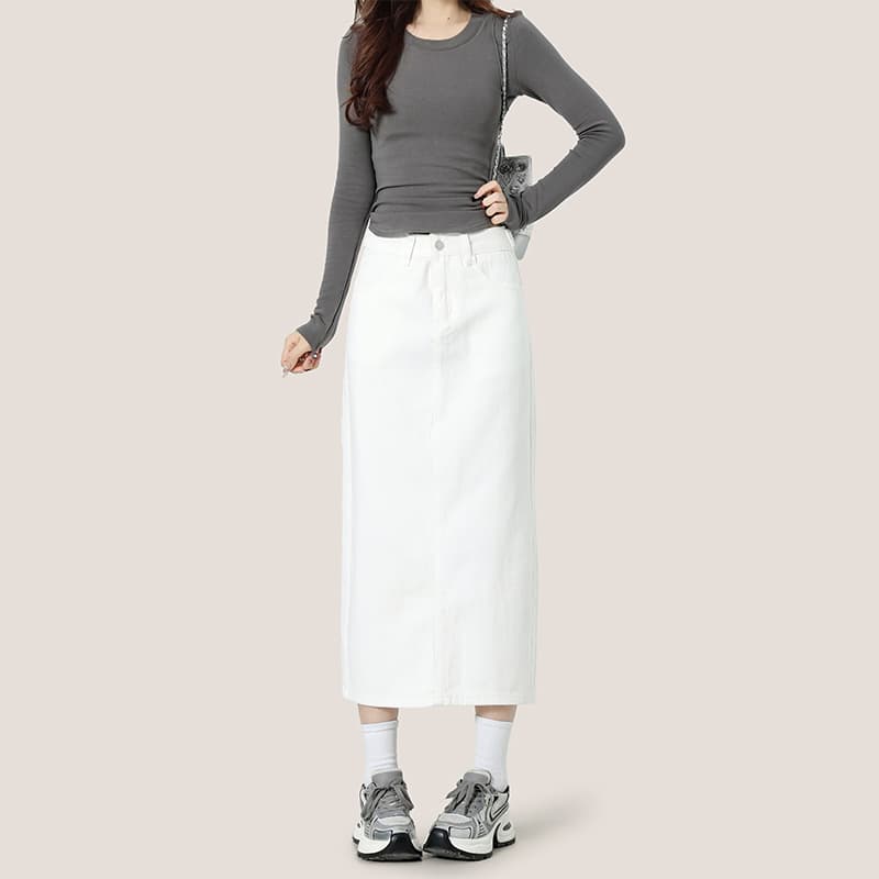 白スカート カジュアルロングタイトスカート