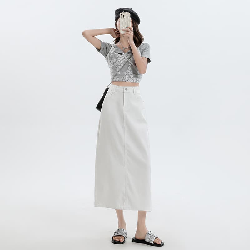 白スカート 上品シルエット マキシ丈デニムスカート