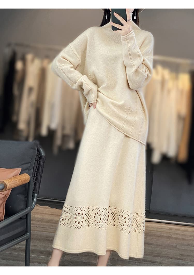 白スカート 透かし編みレース長マキシスカート