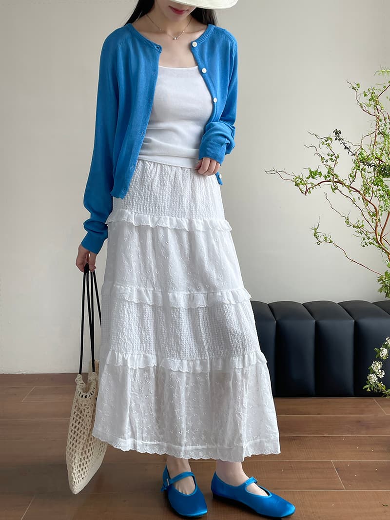 白スカート ティアードデザイン ふんわりマキシスカート