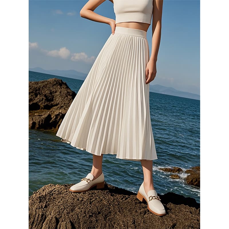 白スカート プリーツミモレ丈スカート