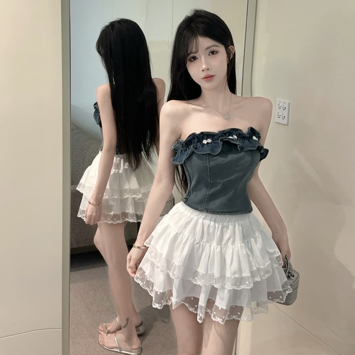 白スカート フリル重ね レースミニスカート