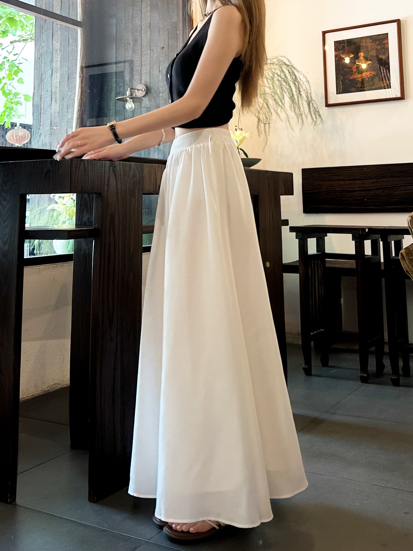 白スカート サテンロングフレアスカート