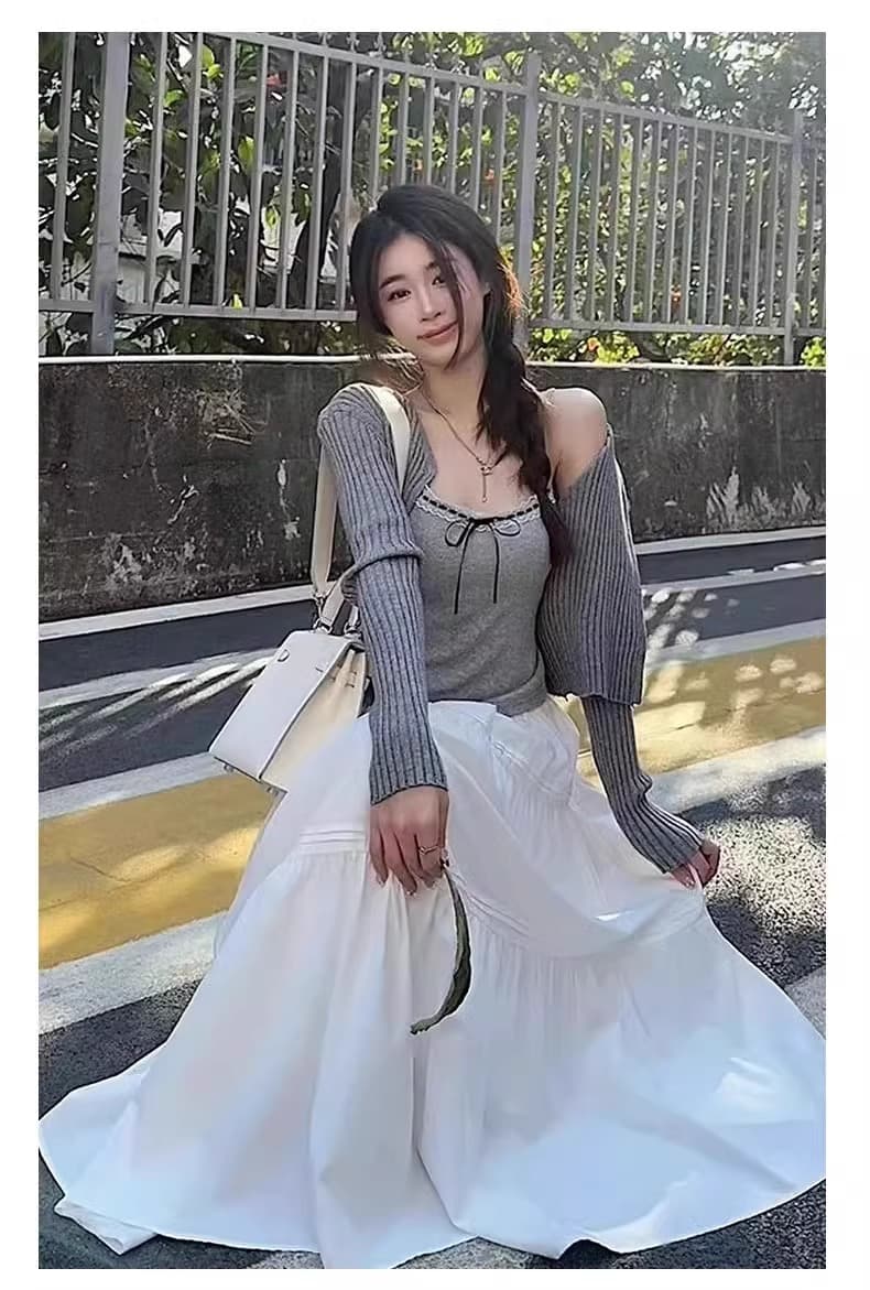 白スカート ティアードロング ギャザーフレアスカート