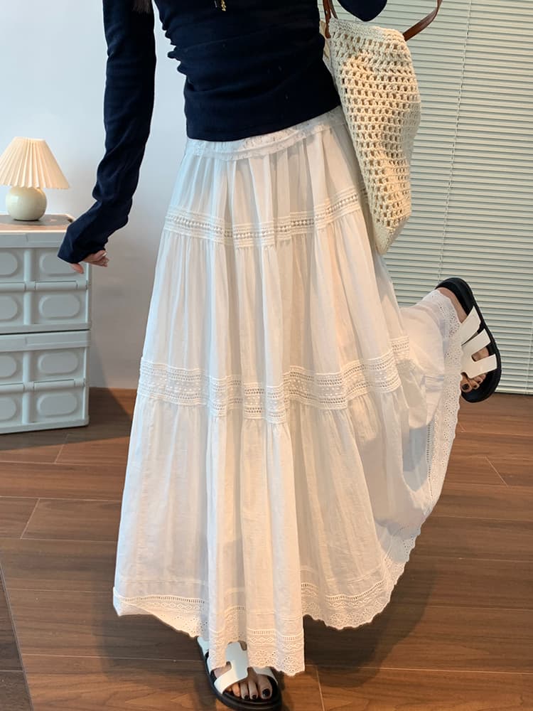 白スカート ティアードレース切替ロングスカート