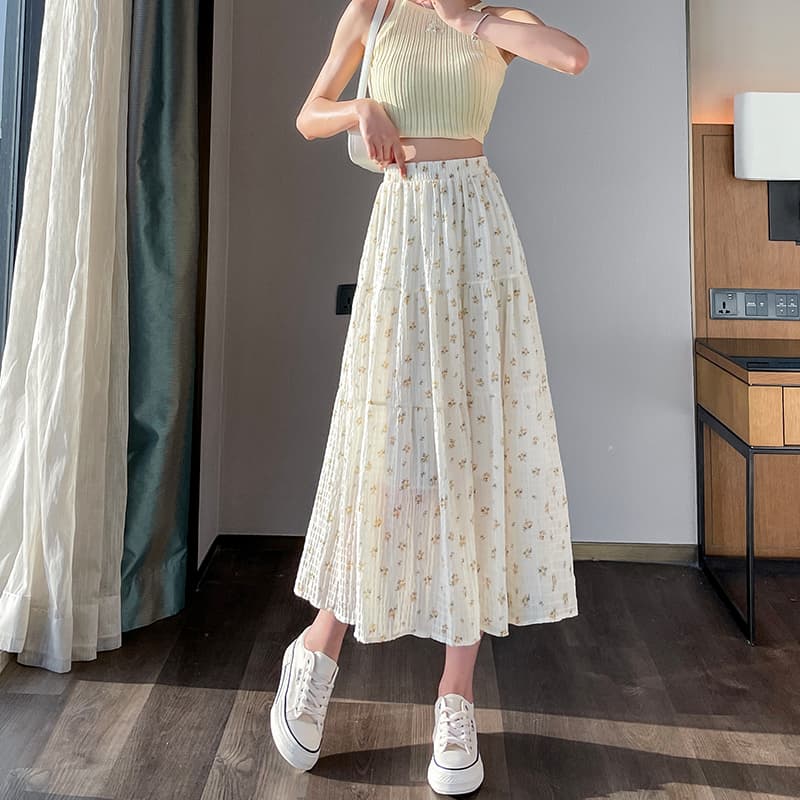 白スカート 小花柄プリーツロングスカート