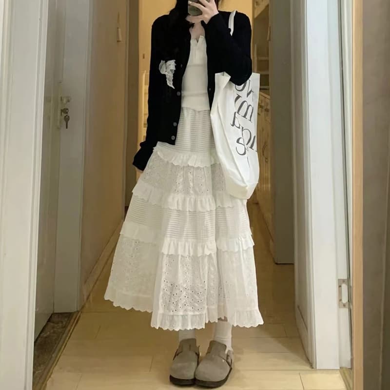 白スカート 刺繍レース ティアードフレアスカート