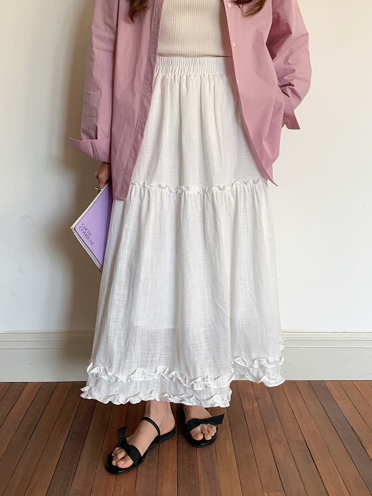 白スカート  ティアードフリルロング綿麻スカート