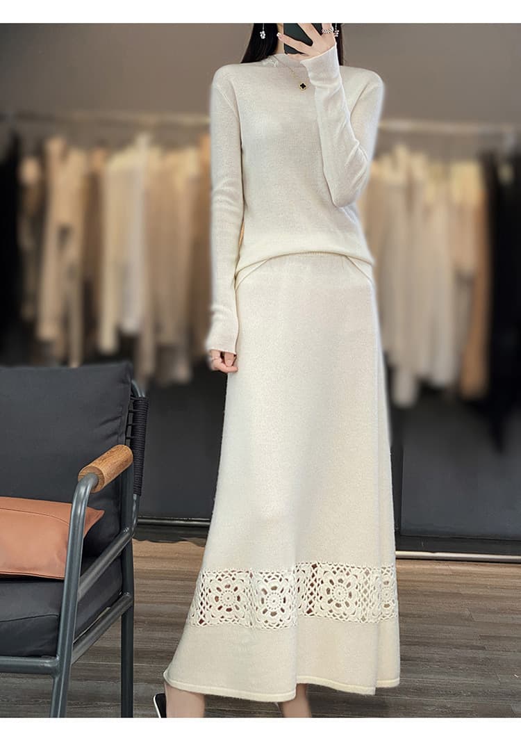 白スカート 透かし編みレース長マキシスカート