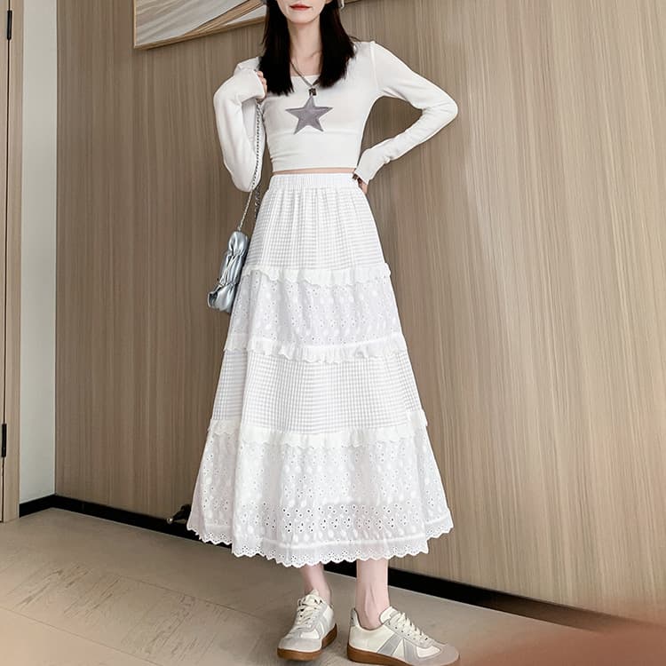 白スカート 優美な多段ティアードプリーツスカート