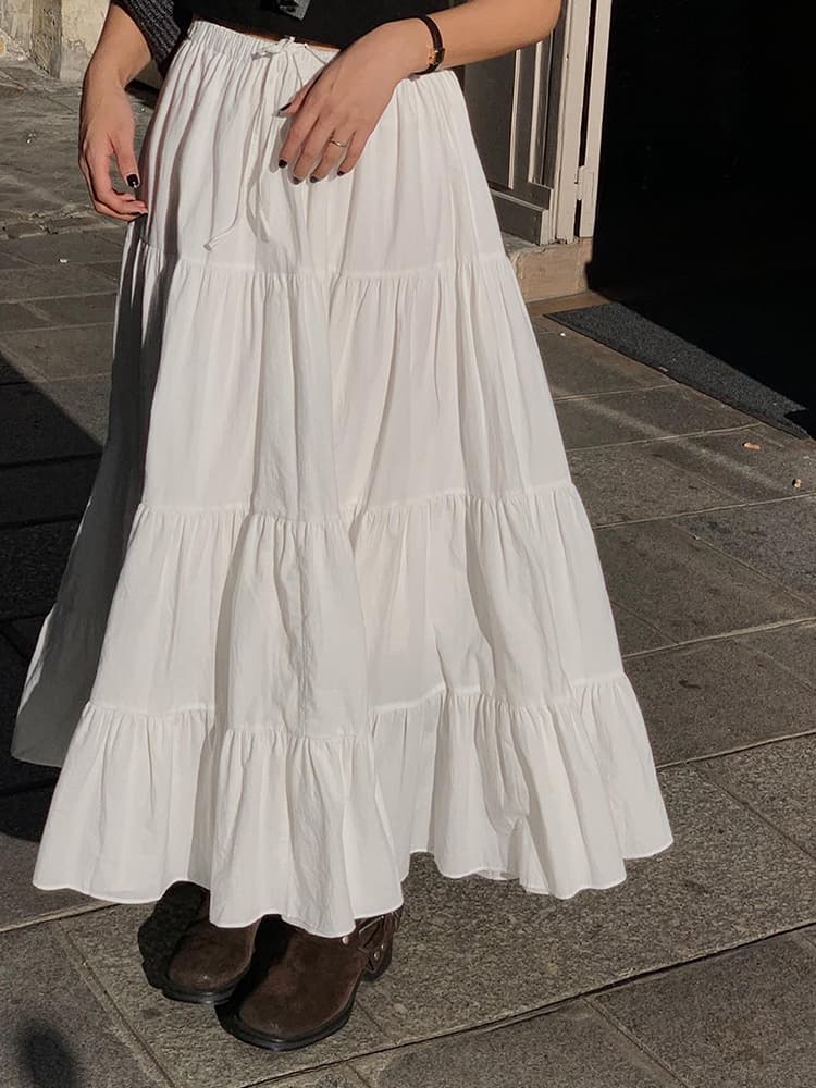 白スカート ティアードプリーツ ロングスカート