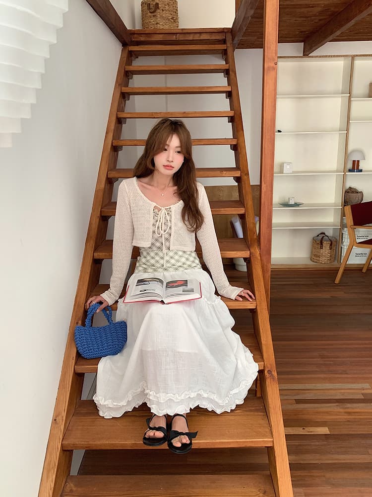 白スカート  ティアードフリルロング綿麻スカート